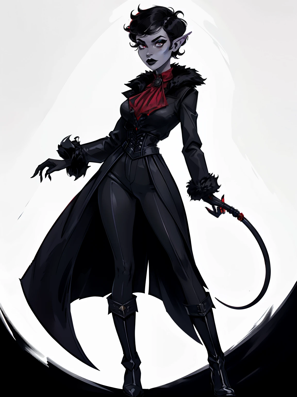 full body portrait, 1girl, short combed hair, pixie cut, combed hair, forehead, drow, black lipstick, fur coat, red high-collared shirt, ascot, high collar, solo, blank background, white background, outside, gothic fantasy art, long pointy ears, high laced boots, bullwhip, wide hips, flat-chested, muscular