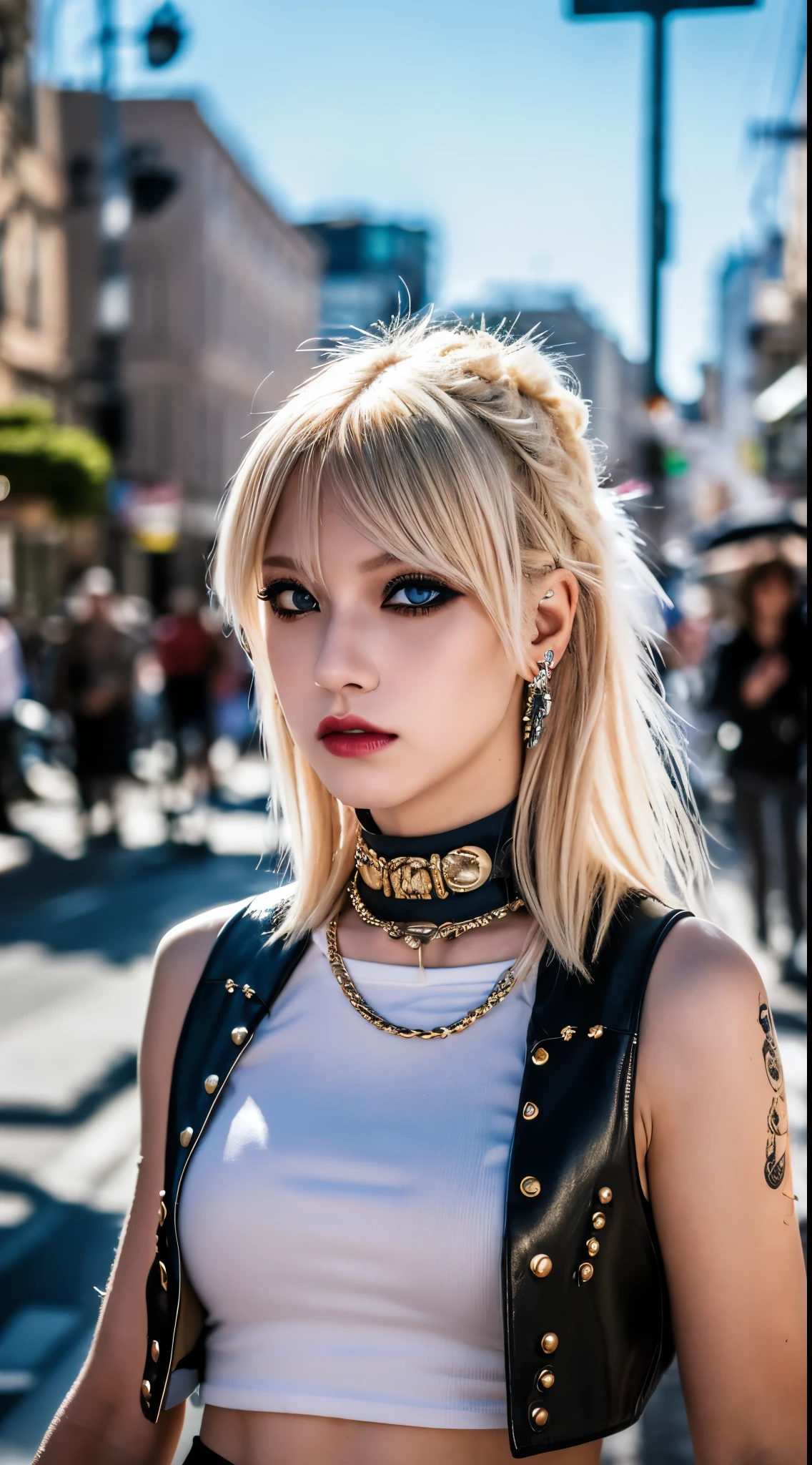 "(highest quality, 8K, 32K, table top:1.3), Super detailed, (realistic:1.4), punk girl, fine eyes, Upper body,blonde hair、highlights hair、Luxurious punk hair, Chic outfits、Avant-garde makeup, Numerous piercings, street background, Backlight effect, shallow depth of field, blurred background"