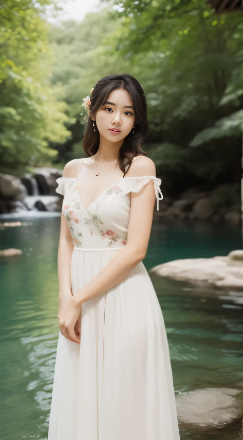 Girl in a nature-inspired setting, perhaps with flowing dresses and floral element shot in kodak gold 400