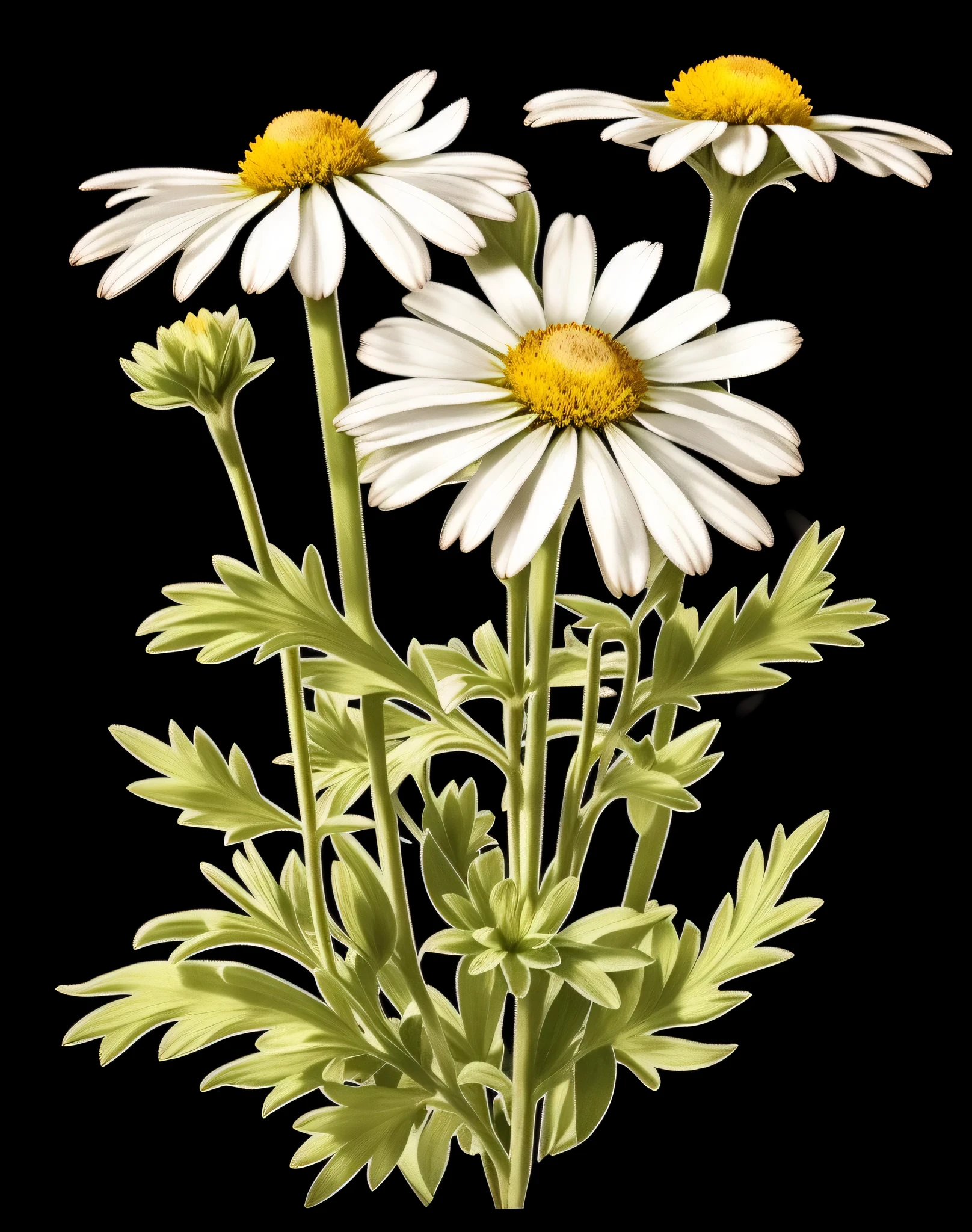 Very beautiful daisies, 3 blossomed buds, 1 unopened bud, stalks, leaves
