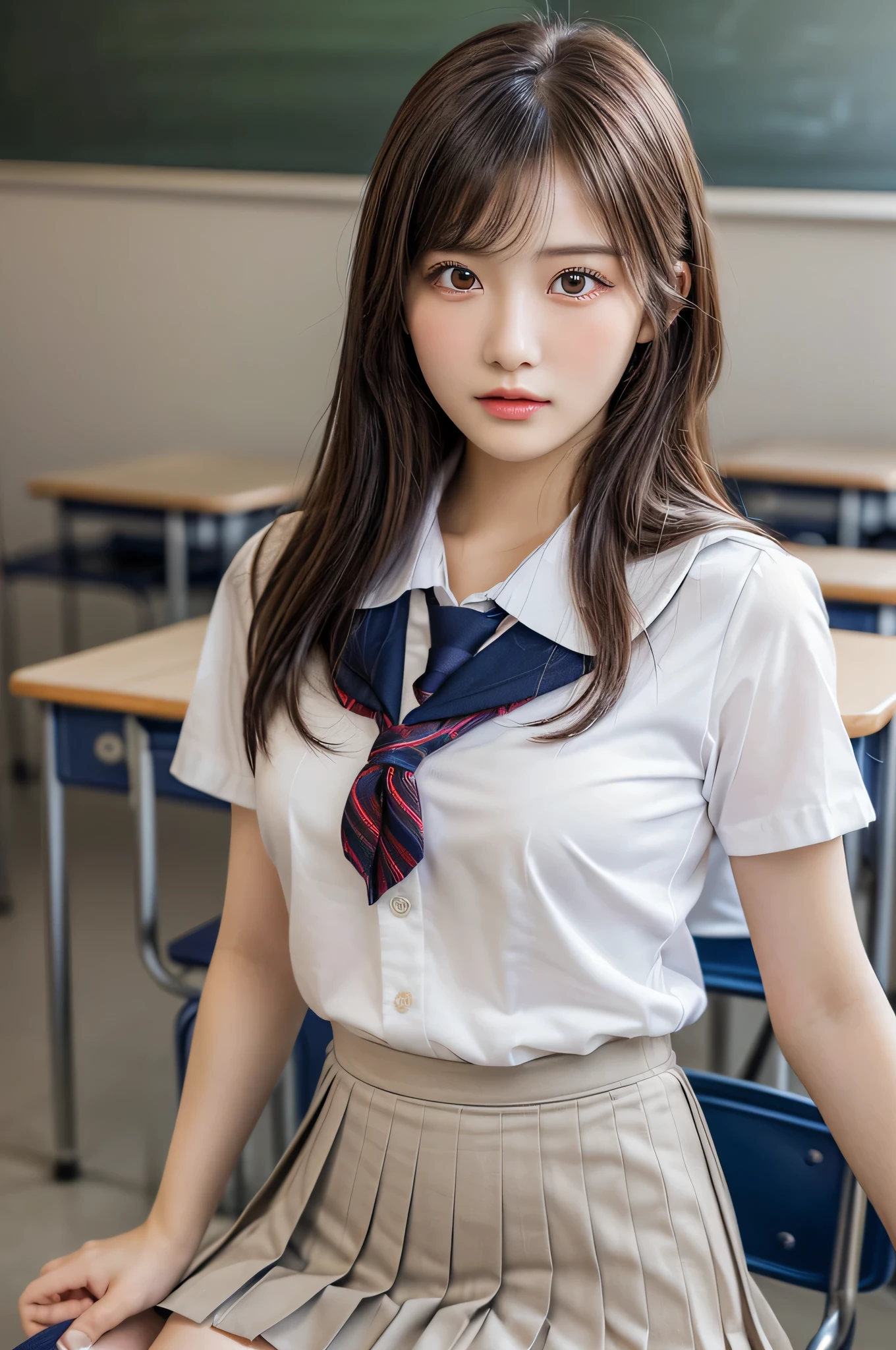 (1girl), (sexy look:1.5), (flat chest:1.3), (Highly detailed eyes, Highly detailed face), (Hyper-realistic, hight resolution), (Best Quality:1.4), (hyper quality), Authentic skin texture, Raw photo, (Realistic, Photorealsitic:1.37), highly detailed, Professional Photography, (school uniform, pleated skirt:1.3), (Staring at me), (School, classroom),