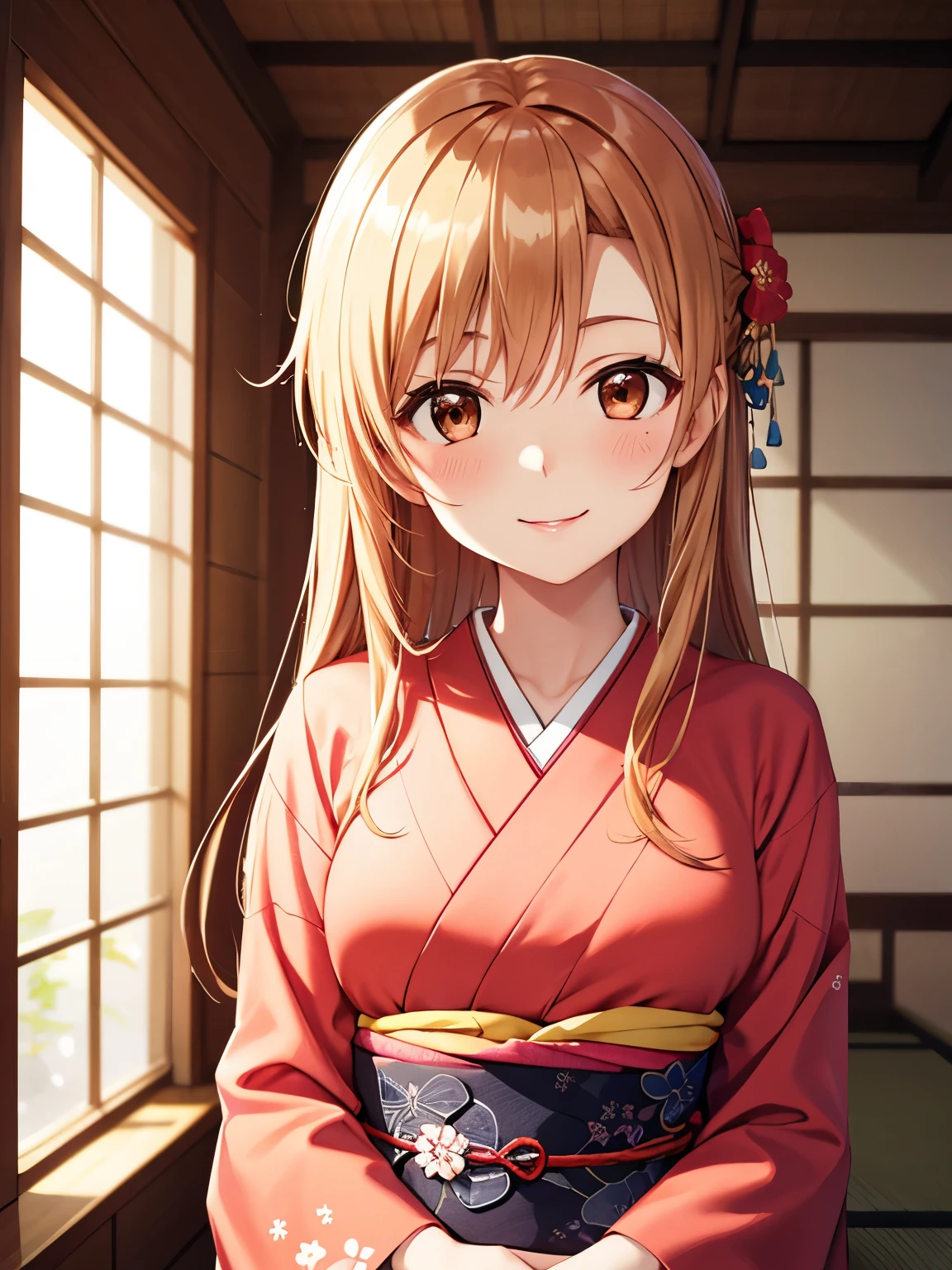 (masterpiece,ultra-detailed,best quality,8K,CG,realistic,illustration:1.2),(perfect-composition,detailed beautiful face,Clean skin,photographical skin,shiny skin,shiny hair, photographical hair,ultra detailed eyes,shaved,kawaii,uncensored:1.1),<lora:add_detail:1.8>, (petite girl:1.4) ,long hair,smile,<lora:tenjouin_saki_v1:0.8> long hair, blonde hair, double bun, drill hair, brown eyes,kimono,seiza