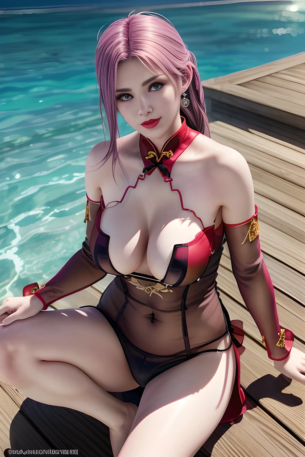 1girl,Elise,Relax,(Wearing Chinese cheongsam:1.4),(Beach in Maldives),jewelry,grace,(((red-lips))), slightly parted lips, lewd smile, clavicle,(huge breasts),Charming cleavage,((8k, RAW photos, top quality, masterpieces), high-definition RAW color photos professional close-up photos, (realistic, photorealism: 1.37), (highest quality), (best shadows), ((erotic, sexy, ultra high resolution, high-definition CG unified 8K wallpapers, physically based rendering, movie lighting),solo,