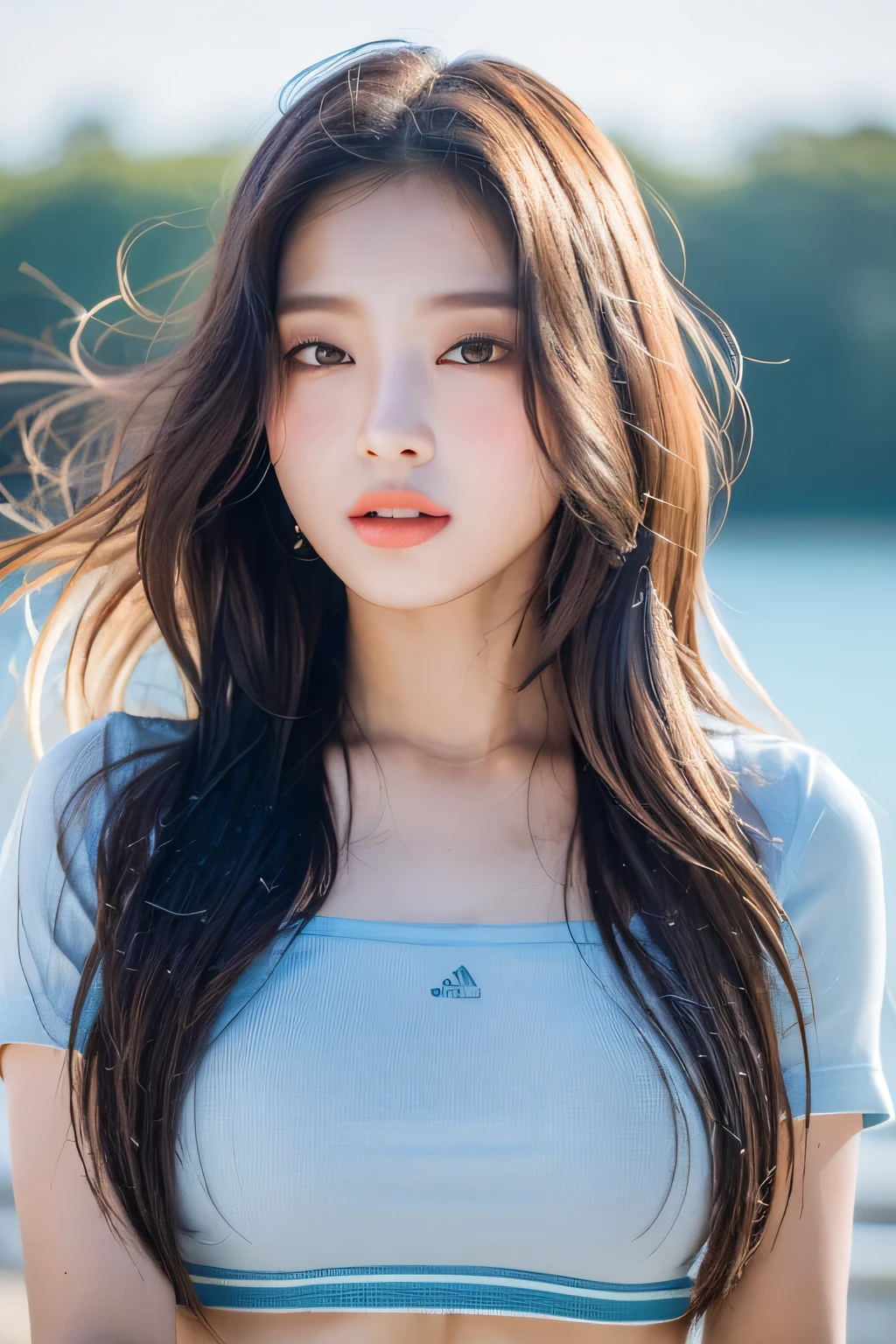 (Best Quality, 8K, 32K, Masterpiece, Ultra HD: 1.3), (K-Pop Idol: 1.3), 1 Girl, (Big: 1.2), (Long Hair), Abs, Perfect Figure, Ultra Fine Face, Delicate Lips, Beautiful Eyes Double Eyelids, sweat, beach, bright blue sky, wet t shirt,