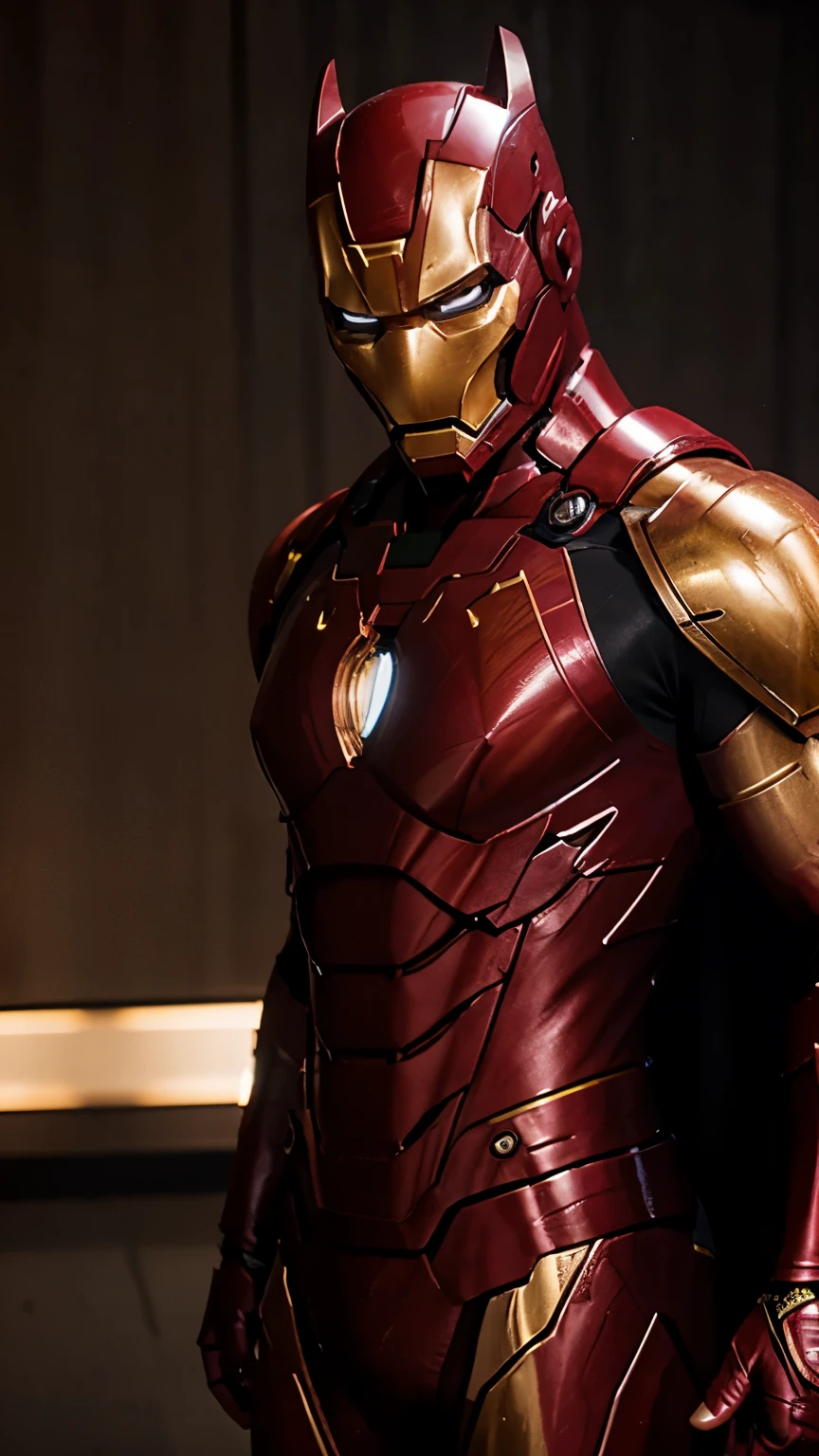 iron batman, in gold red maroon iron man suit, good lighting, HDR extremely detailed photo.