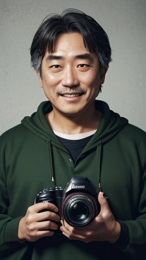 Japanese、Middle-aged man with camera hanging from his neck、grin、oriental、Drooping eyes、I wore a sweatshirt、dressed in green、highest quality、masterpiece、ultra high resolution、(Photoreal:1.4)、No background、Upper body、highest quality、masterpiece、ultra high resolution、(Photoreal:1.4)、game poster
