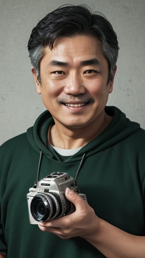 Japanese、Middle-aged man with camera hanging from his neck、grin、oriental、Drooping eyes、I wore a sweatshirt、dressed in green、highest quality、masterpiece、ultra high resolution、(Photoreal:1.4)、No background、Upper body、highest quality、masterpiece、ultra high resolution、(Photoreal:1.4)、game poster