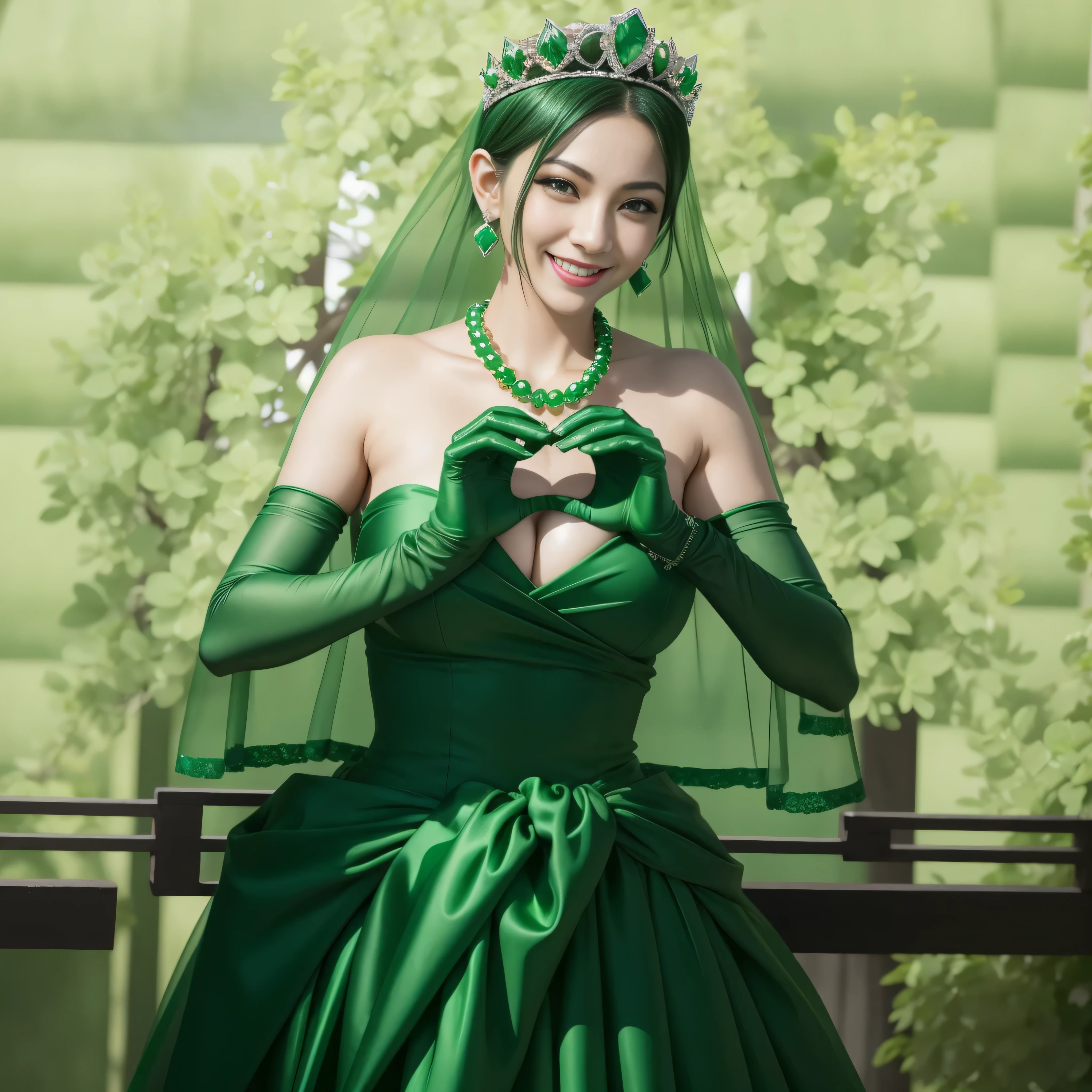 emerald tiara, green pearl necklace, boyish very short green hair, lipstick, smiling Japanese woman, very short hair,  Beauty with large breasts, green eyes, Long Green Satin Gloves, green eyes, emerald earrings, green veil, heart with both hands, make a heart with your hands