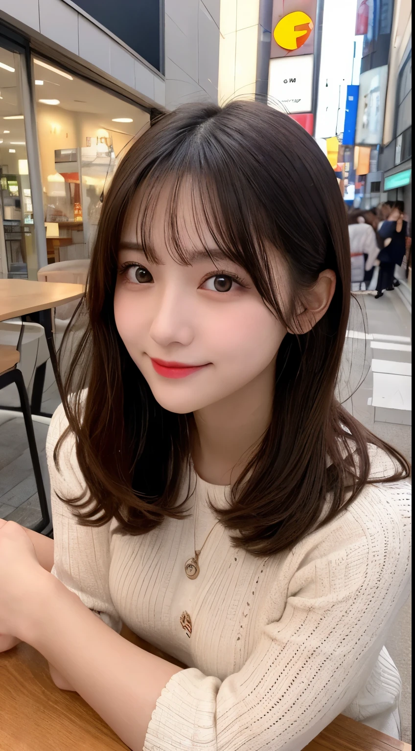 on the table, best quality, shape, super detailed, finely, high resolution, 8k wallpaper, 完璧なダイナミックな構shape, Beautiful and delicate eyes, Latest Fashionable Tokyo Winter Clothes,medium hair, small breasts, natural color lips,Smile,20 year old girl、midnight、Beautiful and detailed face、Perfect and beautiful face、Face slimming and style,open arms,big eyes,Take photos from the angle of the face from below the knees、small face、Beautiful and delicate face、Perfect and beautiful double eyelids