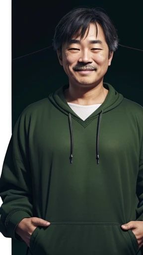 Japanese、Middle-aged man with camera hanging from his neck、grin、oriental、Drooping eyes、I wore a sweatshirt、dressed in green、highest quality、masterpiece、ultra high resolution、(Photoreal:1.4)、No background、Upper body、highest quality、masterpiece、ultra high resolution、(Photoreal:1.4)、game poster