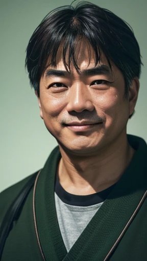Japanese、Middle-aged man with camera hanging from his neck、grin、oriental、Drooping eyes、I wore a sweatshirt、dressed in green、highest quality、masterpiece、ultra high resolution、(Photoreal:1.4)、No background、Upper body、highest quality、masterpiece、ultra high resolution、(Photoreal:1.4)、game poster