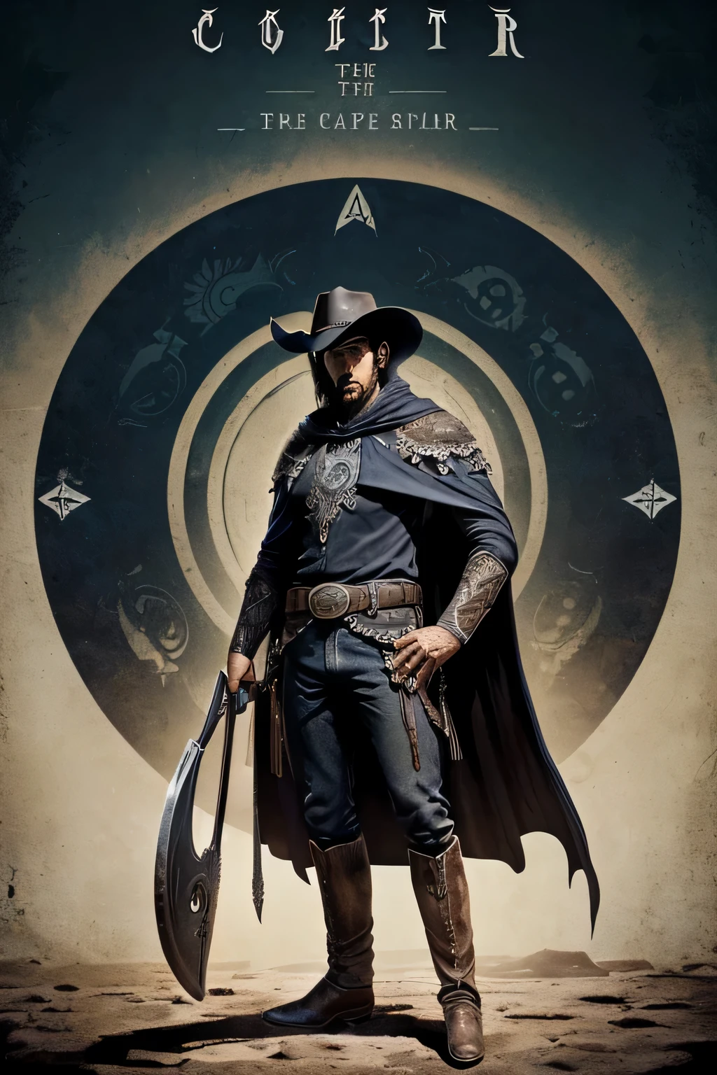 ((capa de livro)), ((ornamentos nas bordas)), ((figure of a cangaceiro in the center)), ((estilo inspirado no livro "O Chamado de Cthulu e Outros Contos)). ((Tons de preto e branco)). ((Soul of a man in the center of the cape)). ((Homem com roupa de vaqueiro)), ((Cowboy)), ((Revolver)), ((Epic Fantasy)), ((Horror)), ((RPG)), ((capa para livro)).