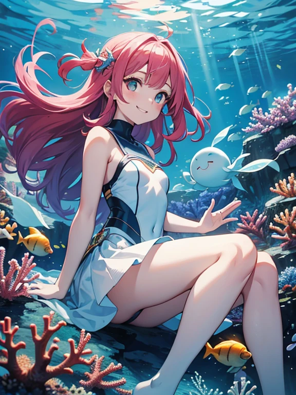 A woman descends from the sea surface to the bottom of the sea surrounded by fish. Sunlight, schools of fish, colorful fish, coral, seaweed, sea urchins, fisheye lenses, chibi diver suits, Beautiful coral sea, beautiful schools of fish, beautiful world, Depth field, surface effects, light blue and white tones, smile, epic, celestia, fantasy world, cute world.