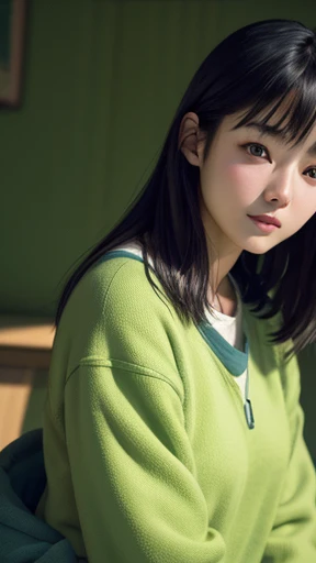Japanese、Middle-aged man with camera hanging from his neck、grin、oriental、Drooping eyes、I wore a sweatshirt、dressed in green、highest quality、masterpiece、ultra high resolution、(Photoreal:1.4)、No background、Upper body、highest quality、masterpiece、ultra high resolution、(Photoreal:1.4)、game poster