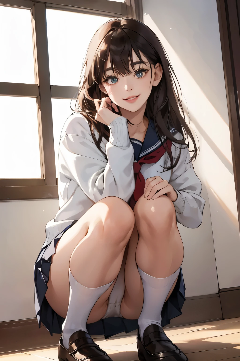 A girl with shiny, smooth skin and thick thighs, clad in white panties and a school uniform, is captured in a high-resolution image. Her serrape sweater, pleated skirt, and loafers with black socks are depicted in intricate detail. She is crouching indoors, her expression drawn toward the audience with an anatomically correct and lifelike representation, her lips slightly parted and a small, inviting smile playing on her lips. The natural light illuminates her face, highlighting the subtle sheen of her lip gloss and bringing out the pastel colors and natural shadows on her delicate face. Her long, brunette hair falls over her shoulders, adding