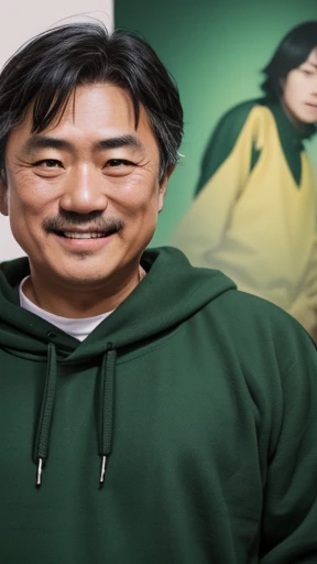 Japanese、Middle-aged man with camera hanging from his neck、grin、oriental、Drooping eyes、I wore a sweatshirt、dressed in green、highest quality、masterpiece、ultra high resolution、(Photoreal:1.4)、No background、Upper body、highest quality、masterpiece、ultra high resolution、(Photoreal:1.4)、game poster