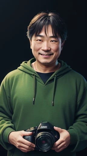 Japanese、Middle-aged man with camera hanging from his neck、grin、oriental、Drooping eyes、I wore a sweatshirt、dressed in green、highest quality、masterpiece、ultra high resolution、(Photoreal:1.4)、No background、Upper body、highest quality、masterpiece、ultra high resolution、(Photoreal:1.4)、game poster