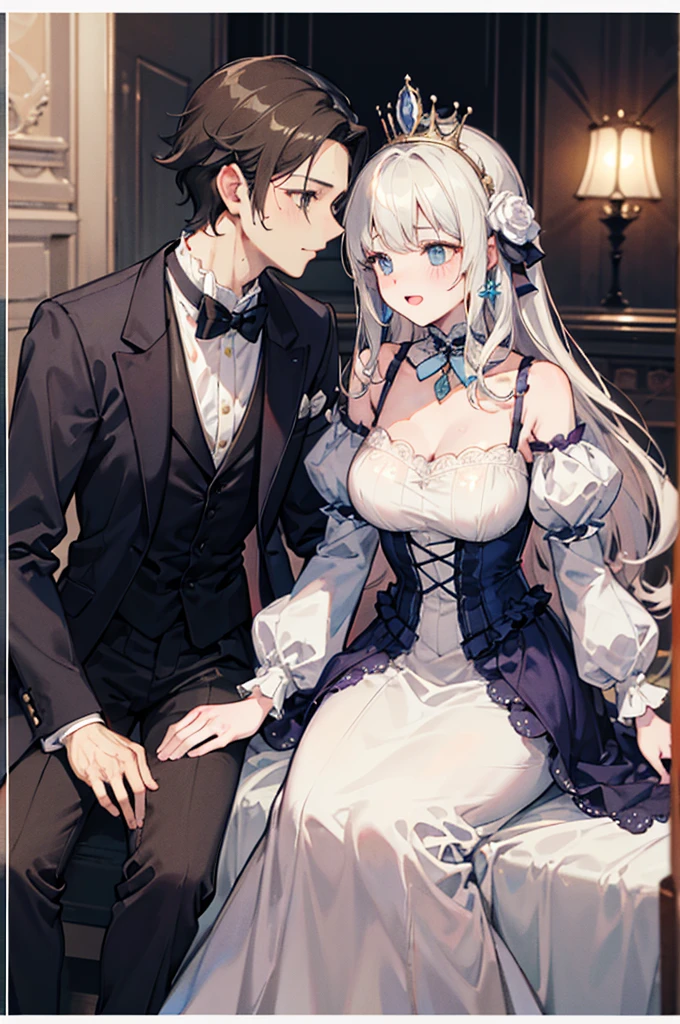 NSFW、A man and a woman in bed、A man inserting his penis into a woman、Semen is spilling from her crotch、lingerie dress、garter belt、I can see your chest、Silver hair and blue eyes、Long, fluffy wavy hair、Braiding、Men in suits、On a canopy bed