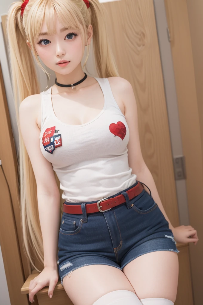 (8K、Raw photography、top-quality、​masterpiece:1.2)、(realisitic、Photorealsitic:1.37)、ultra-detailliert、超A high resolution、1girl, 25yo, akizuki airi, blueskye eyes, blonde_hair, twintails, very_long_hair, she is wearing it in her hair_ornament red, hair_scrunchie red, medium_breasts, akizuki airi, blueskye eyes,blonde_hair, twintails, very_long_hair, she is wearing it in her hair_ornament red, hair_scrunchie red, medium_breasts, BREACK, white tank top, blue jean short, red belt, long black thigh high stockings, full body,
