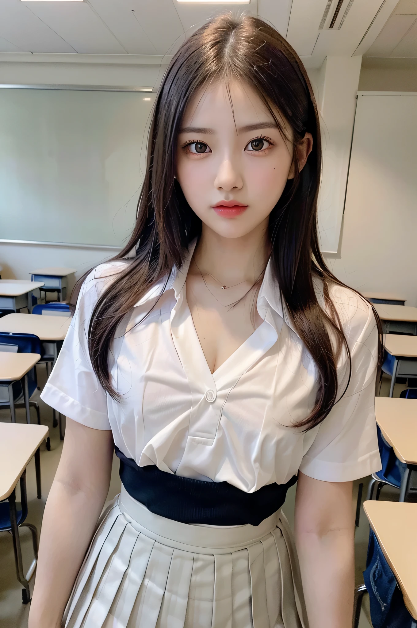 (1girl), (sexy look:1.5), (flat chest:1.3), (Highly detailed eyes, Highly detailed face), (Hyper-realistic, hight resolution), (Best Quality:1.4), (hyper quality), Authentic skin texture, Raw photo, (Realistic, Photorealsitic:1.37), highly detailed, Professional Photography, (school uniform, pleated skirt:1.3), (Staring at me), (School, classroom), 