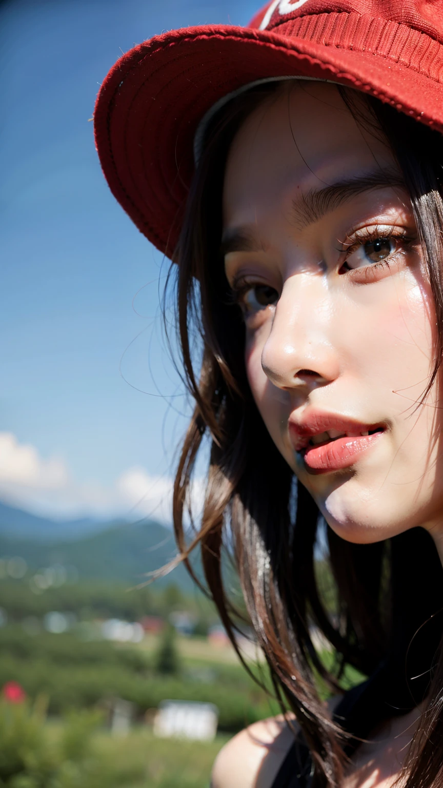 Close up a red-haired girl walking a mountain and wearing a hat