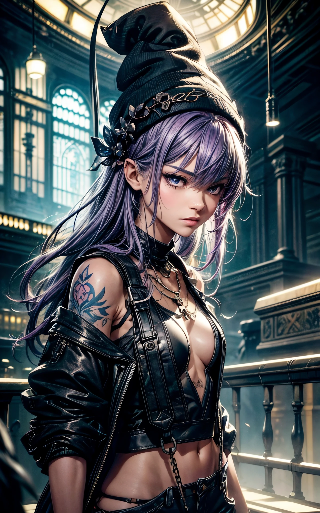 (zendaya), at the the Grand Central Terminal, cinematic, medium shot, whole head in frame, detailed face, detailed eyes, evening, punk aesthetic, pale blue ripped jeans, braces, suspenders, black boots, white shirt, skull, heart, necklace, chain, bullets, black leather jacket, dark blue beanie, tattoo sleeve, right arm, intricate design, flowers, yellowed skull, dyed hair, light purple roots, blue ends, navy T-shirt, rock, chick, messy hair, Full body, Beautiful anime waifu style girl,hyperdetailed painting, luminism, art by Carne Griffiths and Wadim Kashin concept art, dark background, abstract beauty, approaching perfection, pure form, golden ratio, minimalistic, dark atmosphere, unfinished, concept art, by Brian Froud and Carne Griffiths and Wadim Kashin and John William Waterhouse, intricate details, 8k post production, high resolution, hyperdetailed, trending on artstation, sharp focus, studio photo, intricate details, highly detailed, by greg rutkowski