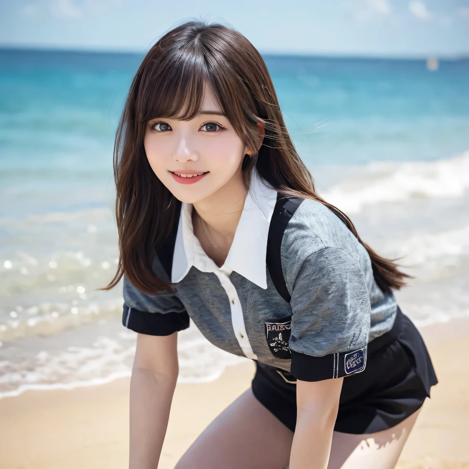 on the table, best quality, illustration, Super detailed, fine details, high resolution, 8k wallpaper, Perfect dynamic composition, Beautiful and delicate eyes,whole body摄影，show your whole body、collared shirt、mini skirt,thin and transparent、long gray hair, Bold sexy pose,Smile,Harajuku、20 year old girl、Eyeliner、beautiful bangs、hair between eyes、((masterpiece、top quality、Super detailed、movie light、intricate details、high resolution、Very detailed))、background for this、8 kood、digital SLR、soft light、high quality、film grain、富士XT3 、shallow view deep、natural soft light、Kamimei、See the knees, side view, standing at the beach,Look at the sexy shots of the lens、Above the legs、whole body、