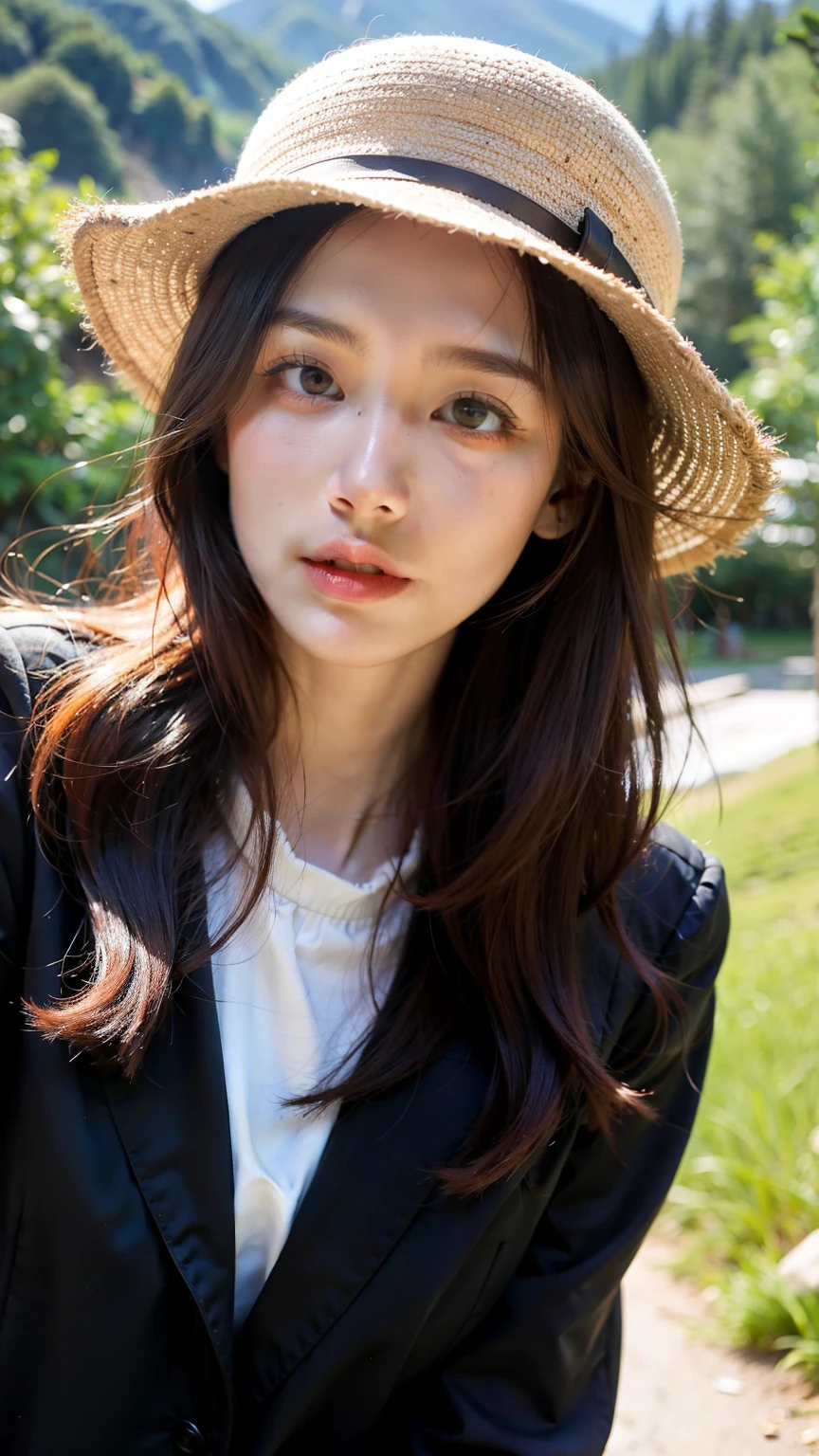 Close up a red-haired girl walking a mountain and wearing a hat