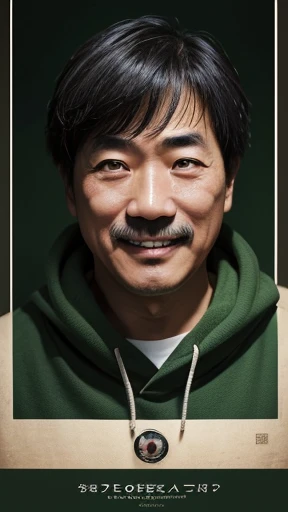 Japanese、Middle-aged man with camera hanging from his neck、grin、oriental、Drooping eyes、I wore a sweatshirt、dressed in green、highest quality、masterpiece、ultra high resolution、(Photoreal:1.4)、No background、Upper body、highest quality、masterpiece、ultra high resolution、(Photoreal:1.4)、game poster