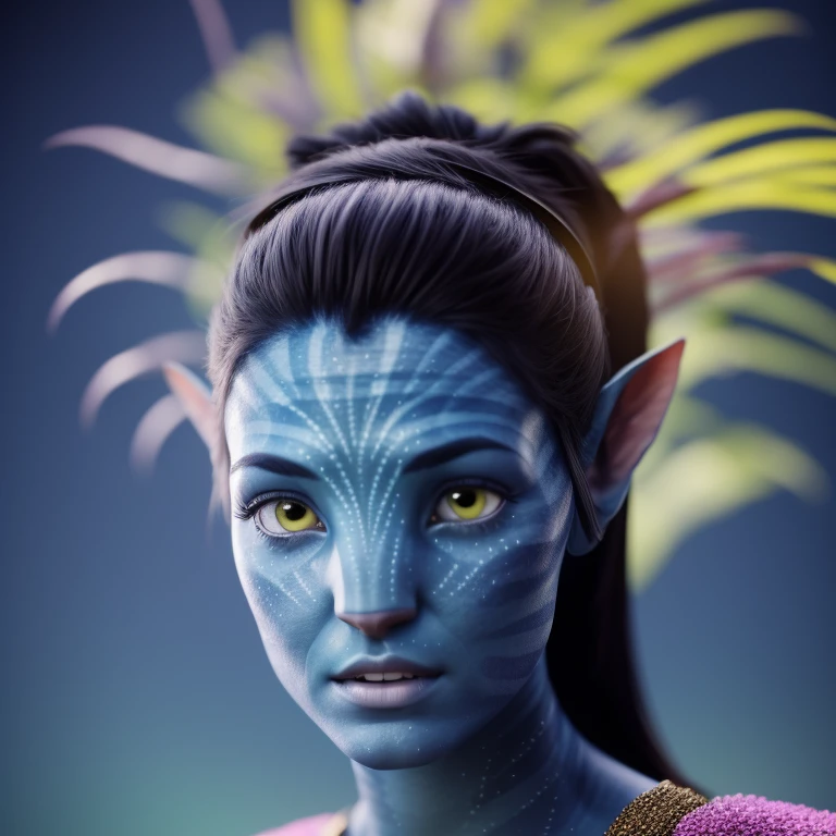 avatar style, portrait:1.6, 1girl, female, (blue skin tone:1.0), (bun hairstyle:1.0), one pair of pointy ears:1, long hair tied up in a bun hairstyle, dark brown hair color, 18 years old:1, face wrinkles, wearing tribal clothing, wearing a top:1, detailed eyes, toned body, muscled body, glowing, ethereal atmosphere, dreamy lighting, otherworldly beauty, (best quality, highres), ultrarealistic, skin details, striped skin, sfw, ultradetailed body, forest background:1, avtr:1