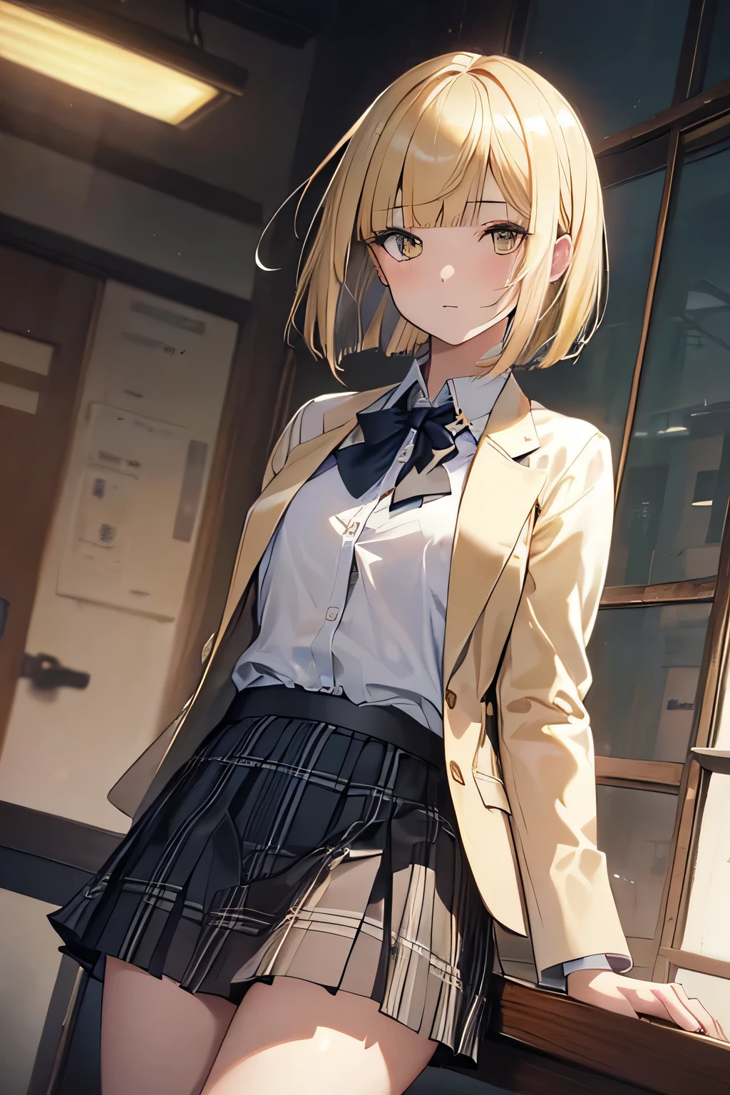 (High resolution, realistic, 4K, super detailed, masterpiece:1.2),1 girl,yellow eyes,we say,((droopy eyes)),blonde hair,bob cut,dull bangs, cowboy shot ((no hat:1.2)),School uniform, black blazer,Plaid skirt and navy skirt,School