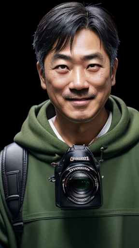 Japanese、Middle-aged man with camera hanging from his neck、grin、oriental、Drooping eyes、I wore a sweatshirt、dressed in green、highest quality、masterpiece、ultra high resolution、(Photoreal:1.4)、No background、Upper body、highest quality、masterpiece、ultra high resolution、(Photoreal:1.4)、game poster