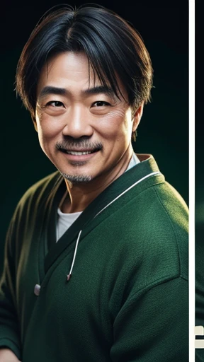 Japanese、Middle-aged man with camera hanging from his neck、grin、oriental、Drooping eyes、I wore a sweatshirt、dressed in green、highest quality、masterpiece、ultra high resolution、(Photoreal:1.4)、No background、Upper body、highest quality、masterpiece、ultra high resolution、(Photoreal:1.4)、game poster