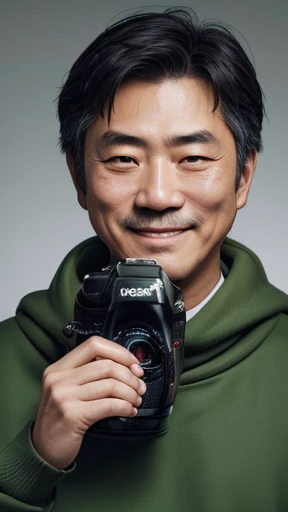 Japanese、Middle-aged man with camera hanging from his neck、grin、oriental、Drooping eyes、I wore a sweatshirt、dressed in green、highest quality、masterpiece、ultra high resolution、(Photoreal:1.4)、No background、Upper body、highest quality、masterpiece、ultra high resolution、(Photoreal:1.4)、game poster