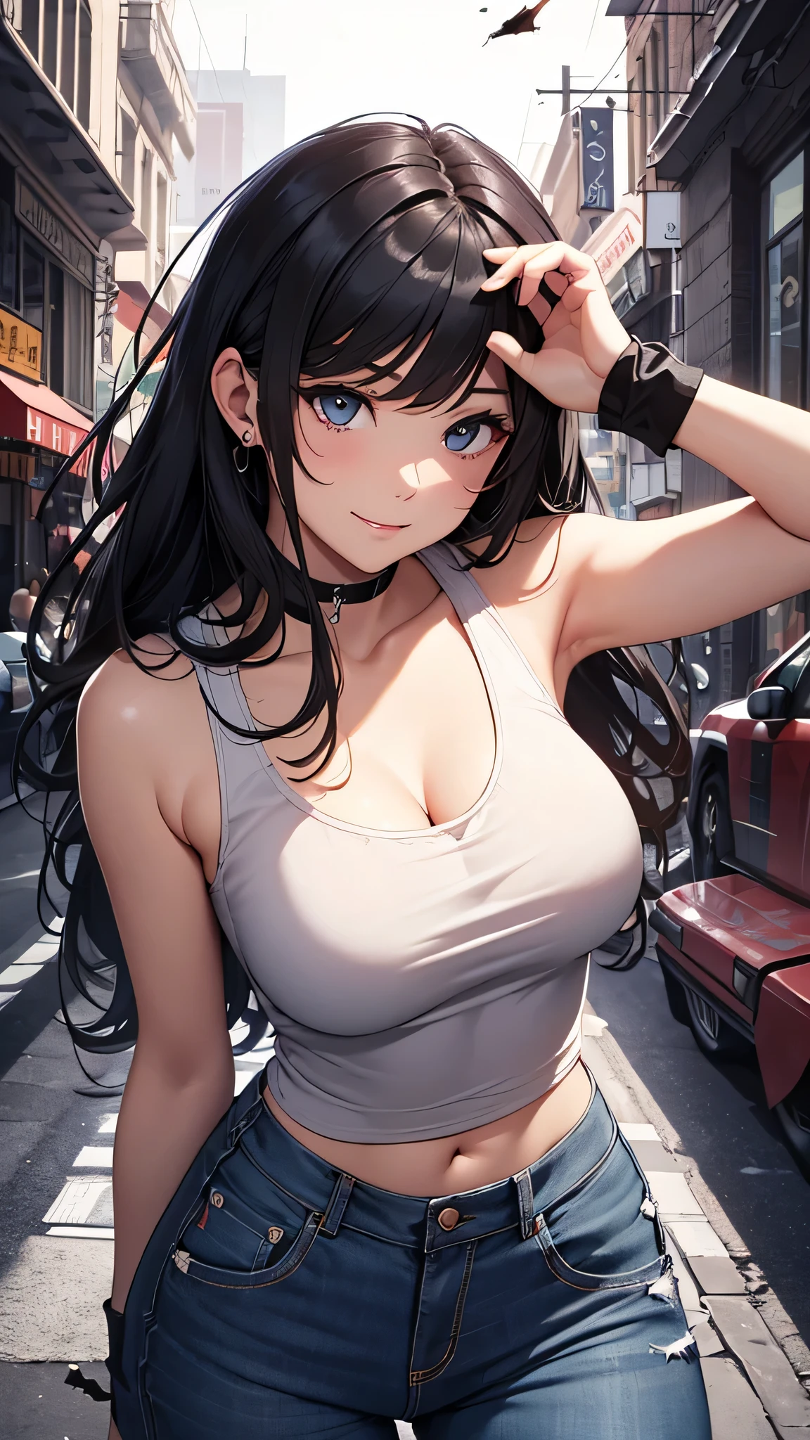 最high quality、best image quality、masterpiece、age girl((18-year-old、 By becoming、vest bust、medium bust,wide open breast tea、black eye, black hair、long hair、thin,highest valley、Torn black t-shirt(2:3)、cute smile,damaged pants(2:3)、Perforated gloves、Knee support)),high quality、beautiful art、background((street fight)),debris flies、Depth of written boundary、movie、visual art、perfect art、8K,genuine