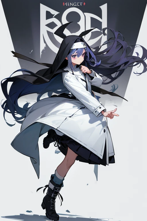 metal headband.punk.Long curly hair.Indigo hair.upstage.cute. walker boots. white coat.Nun.battle