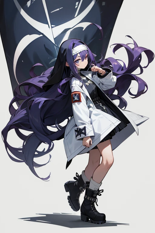 metal headband.punk.Long curly hair.Indigo hair.upstage.cute. walker boots. white coat.Nun.battle