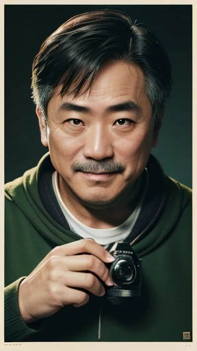 Japanese、Middle-aged man with camera hanging from his neck、grin、oriental、Drooping eyes、I wore a sweatshirt、dressed in green、highest quality、masterpiece、ultra high resolution、(Photoreal:1.4)、No background、Upper body、highest quality、masterpiece、ultra high resolution、(Photoreal:1.4)、game poster