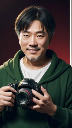 Japanese、Middle-aged man with camera hanging from his neck、grin、oriental、Drooping eyes、I wore a sweatshirt、dressed in green、highest quality、masterpiece、ultra high resolution、(Photoreal:1.4)、No background、Upper body、highest quality、masterpiece、ultra high resolution、(Photoreal:1.4)、game poster