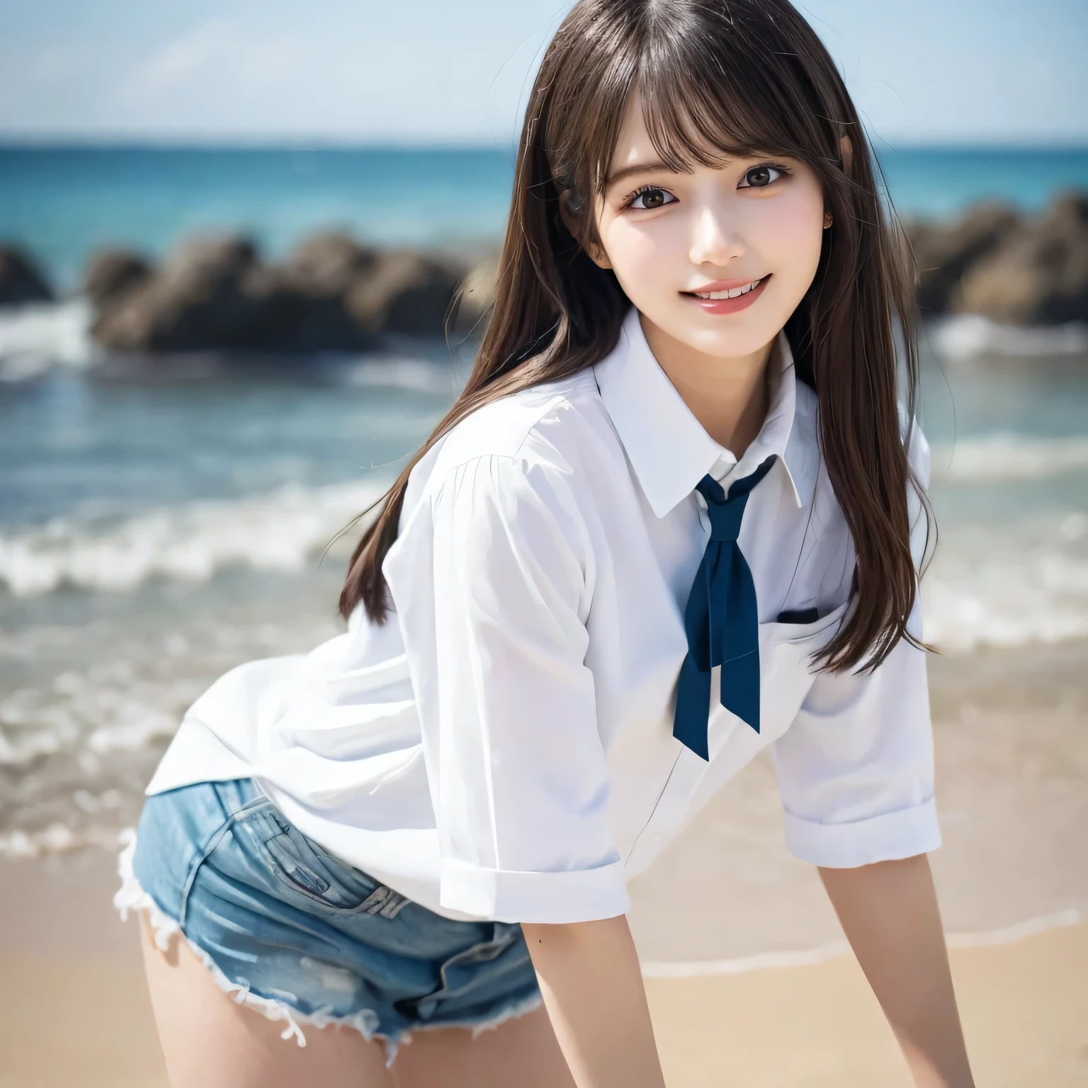 on the table, best quality, illustration, Super detailed, fine details, high resolution, 8k wallpaper, Perfect dynamic composition, Beautiful and delicate eyes,whole body摄影,show your whole body、collared shirt、mini skirt,thin and transparent、long gray hair, Bold sexy pose,Smile,Harajuku、20 year old girl、Eyeliner、beautiful bangs、hair between eyes、((masterpiece、top quality、Super detailed、movie light、intricate details、high resolution、Very detailed))、background for this、8 kood、digital SLR、soft light、high quality、film grain、富士XT3 、shallow view deep、natural soft light、Kamimei、See the knees, side view, standing at the beach,Look at the sexy shots of the lens、Above the legs、whole body、