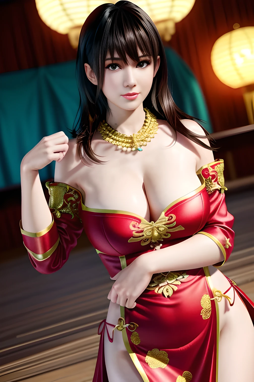 1girl,Nanami,Relax,(Wearing Chinese dress),(((in dubai))),Jewelry,slightly parted lips, lewd smile, red lips,huge breasts,Charming cleavage,((8k, RAW photos, top quality, masterpieces), high-definition RAW color photos professional close-up photos), (realistic, photorealism: 1.37), (highest quality), (best shadows), ((erotic, sexy), ultra high resolution, high-definition CG unified 8K wallpapers, physically based rendering, movie lighting),