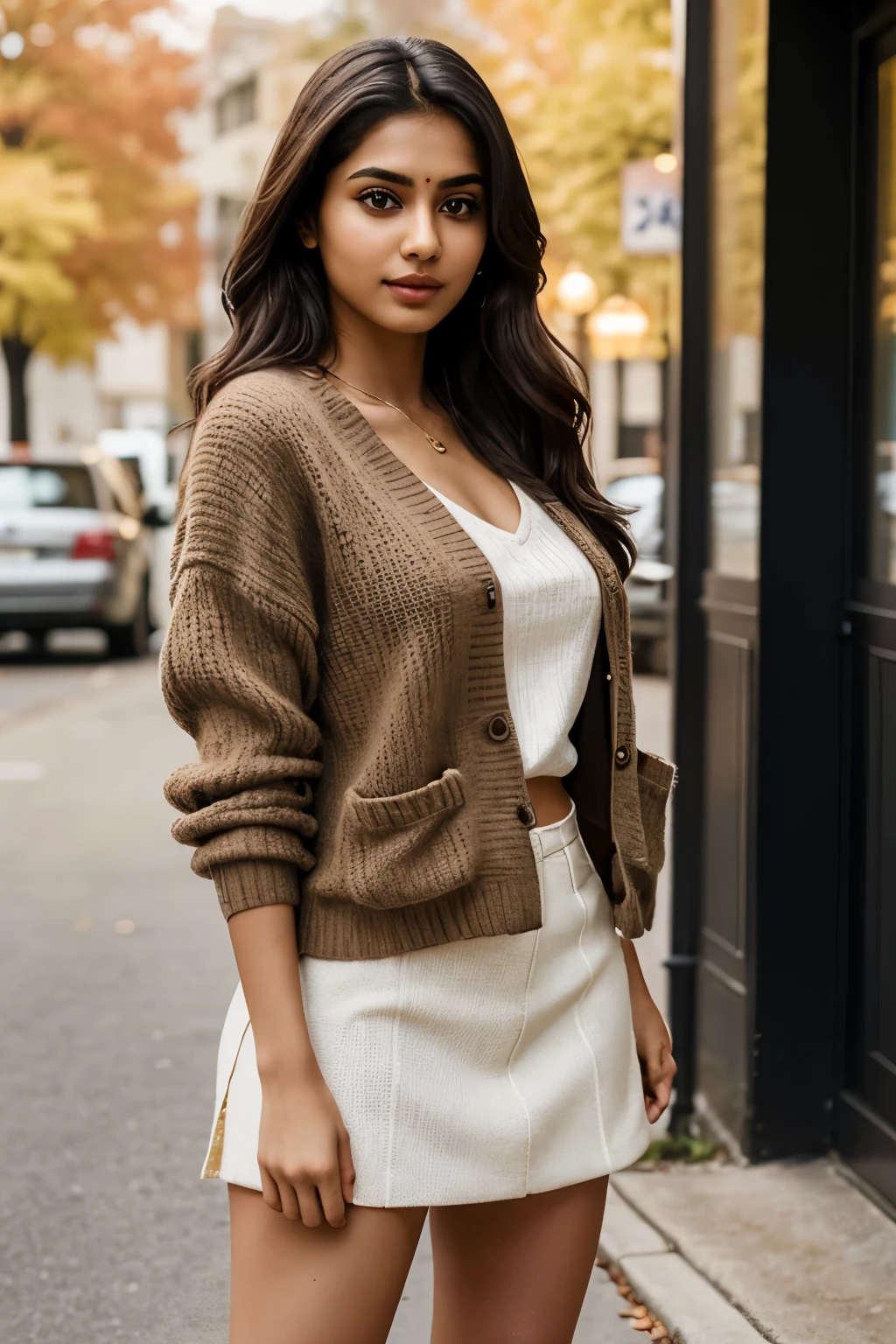 A lovely, cute, and young Indian girl with brown eyes, exuding an attractive and captivating aura, poses as a gorgeous actress at the age of 23. She is an Instagram model, proudly showcasing her Indian heritage. Wearing sweater vests, she embraces the academic aesthetic, making it her own with on-trend elements. Her outfit strikes a perfect balance between sophistication and casualness, making for a stunning, high-definition visual experience. (Realistic, 8k super realista, super detailed and realistic)