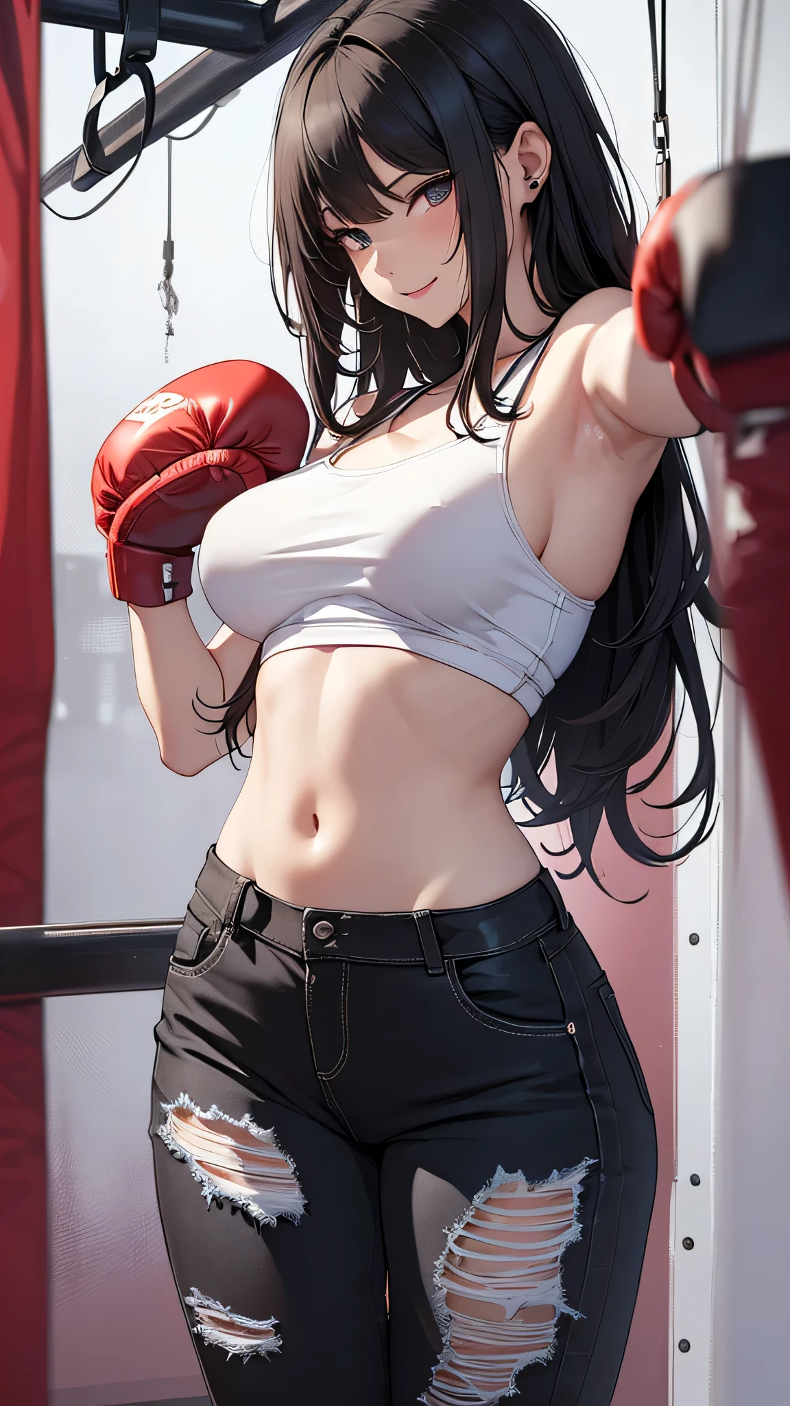 最high quality、best image quality、masterpiece、age girl((18-year-old、 By becoming、vest bust、medium bust,wide open breast tea、black eye, black hair、long hair、thin,highest valley、Torn black t-shirt(2:3)、cute smile,damaged pants(2:3)、Perforated gloves、Knee support)),high quality、beautiful art、background((boxing studio)),debris flies、Depth of written boundary、movie、visual art、perfect art、8K,genuine