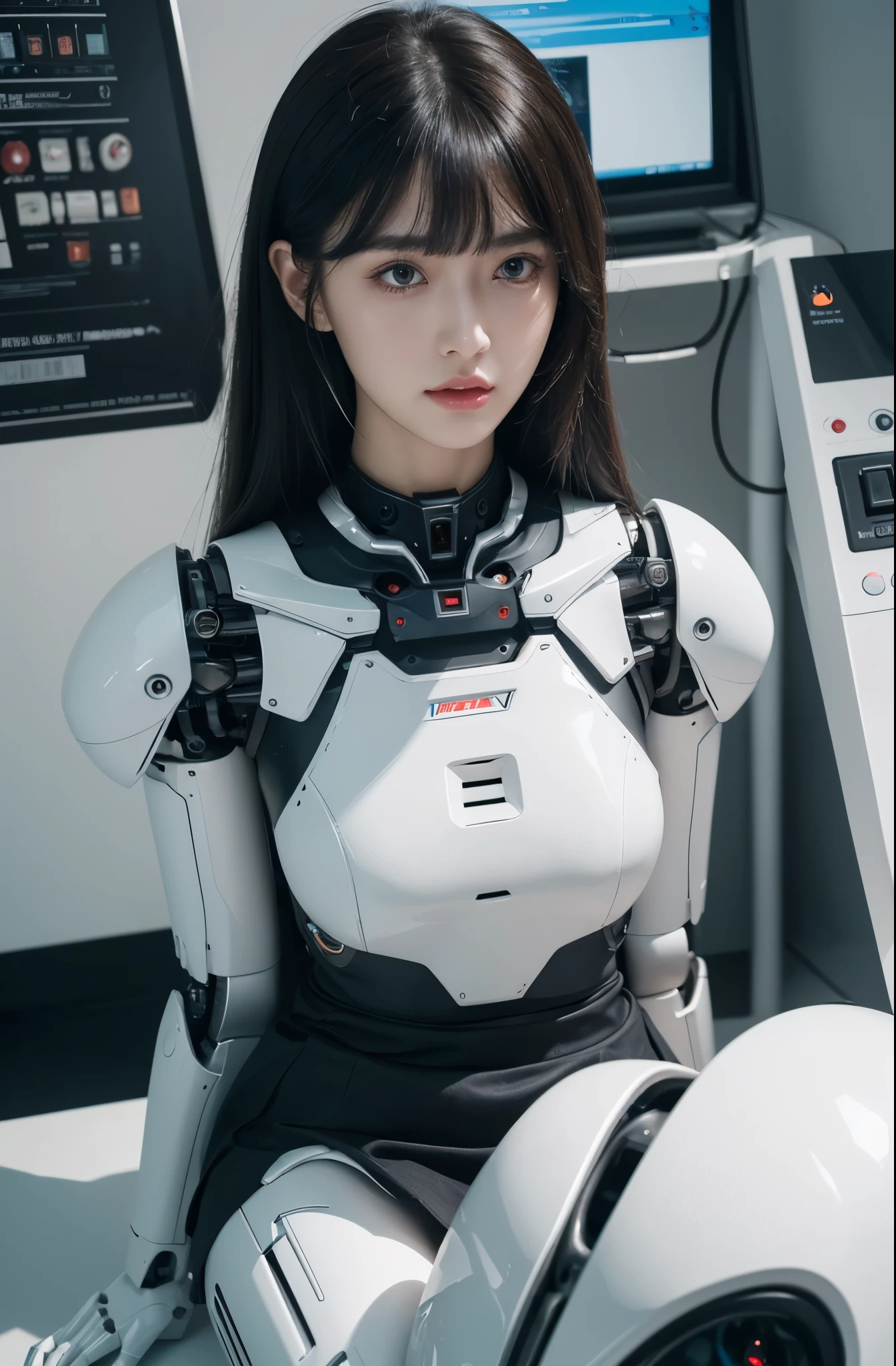 masterpiece, best quality, extremely detailed, (photorealistic:1.4),(RAW photo) (8K, 4K, Best Quality, hight resolution, 超A high resolution:1.1), (masutepiece, Realistic, Photorealsitic:1.1), 1girl in, Japaese Cyborg Girl,Plump ,navy pleated miniskirt,black tights,control panels,android,Droid,Mechanical Hand, ,clothes with a sense of mechanical technology, Robot arms and legs, Black Robot Parts,Black hair,Mechanical body,Blunt bangs,White abdomen,White robotics parts,tube dress,perfect robot woman,future laboratory,cyber pank,charging spot,android factory,robot factory,cyborg factory,long tube,thick cable connecting her neck,ceramic body ,full eyes,striking eyes,mechanical body, head antenna,mechanical ear cover,android,robot humanoid,