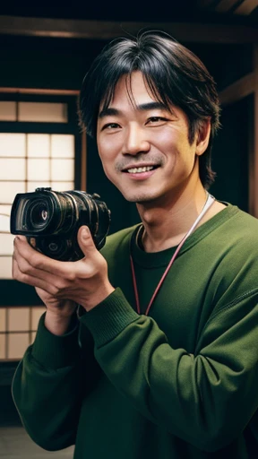 Japanese、Middle-aged man with camera hanging from his neck、grin、oriental、Drooping eyes、I wore a sweatshirt、dressed in green、highest quality、masterpiece、ultra high resolution、(Photoreal:1.4)、No background、Upper body、highest quality、masterpiece、ultra high resolution、(Photoreal:1.4)、game poster