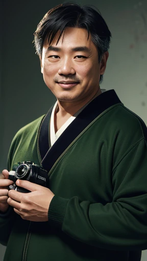 Japanese、Middle-aged man with camera hanging from his neck、grin、oriental、Drooping eyes、I wore a sweatshirt、dressed in green、highest quality、masterpiece、ultra high resolution、(Photoreal:1.4)、No background、Upper body、highest quality、masterpiece、ultra high resolution、(Photoreal:1.4)、game poster