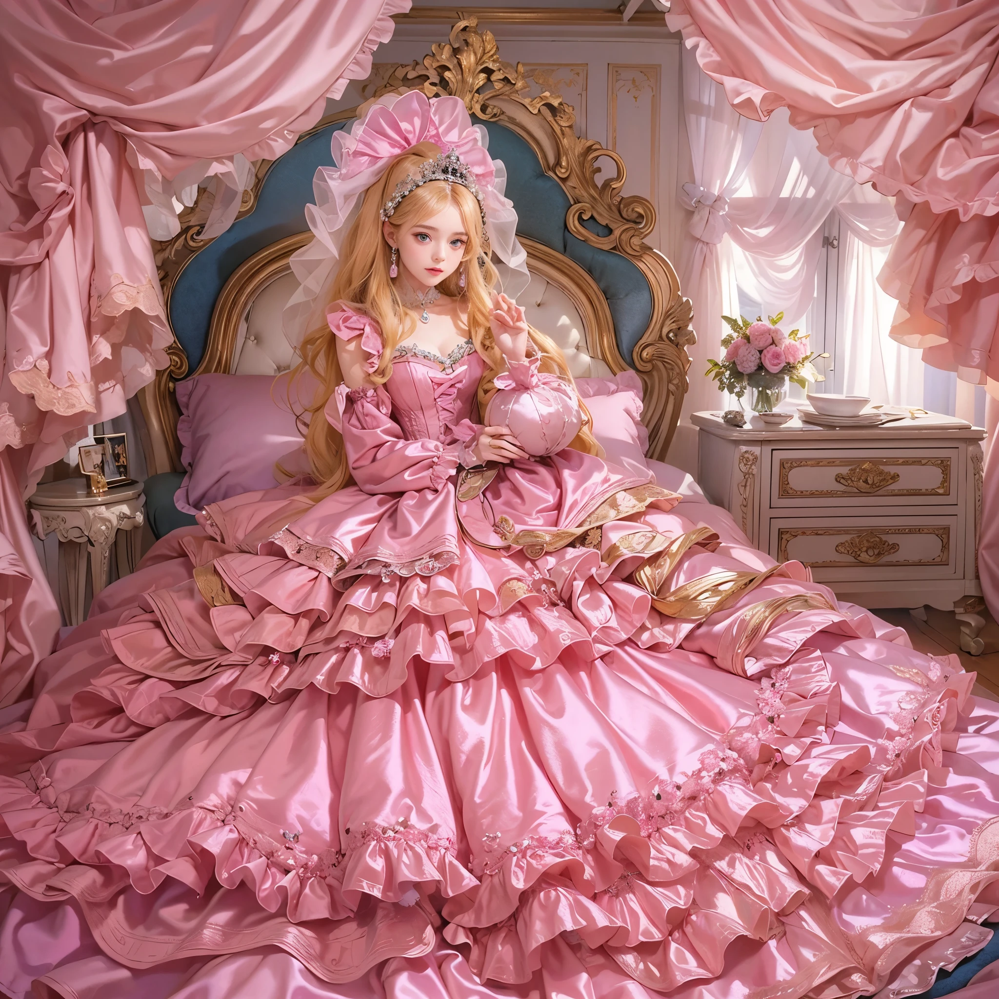 highest quality, masterpiece, highest resolution, artwork, super それにget used to it, many get used to it, get used to it, それにget used to it, romantic,woman, (()),the girl is a princess,((dark pink satin fabric)),pink victorian dress, ((Gorgeous princess rococo ball gown dress with voluminous full-length hoop skirt)),long sleeve,long dress,A dress with lots of frills and ribbons...,luxury,((Palace bedroom)),((huge victorian canopy bed)),Huge luxury canopy over the bed, (Huge ruffled silk pink curtains),(Frilled silk pink bedspread),Fluffy pillows with lots of frills on the bed,the girl is sitting on the bed,long blonde hair,blue eyes,