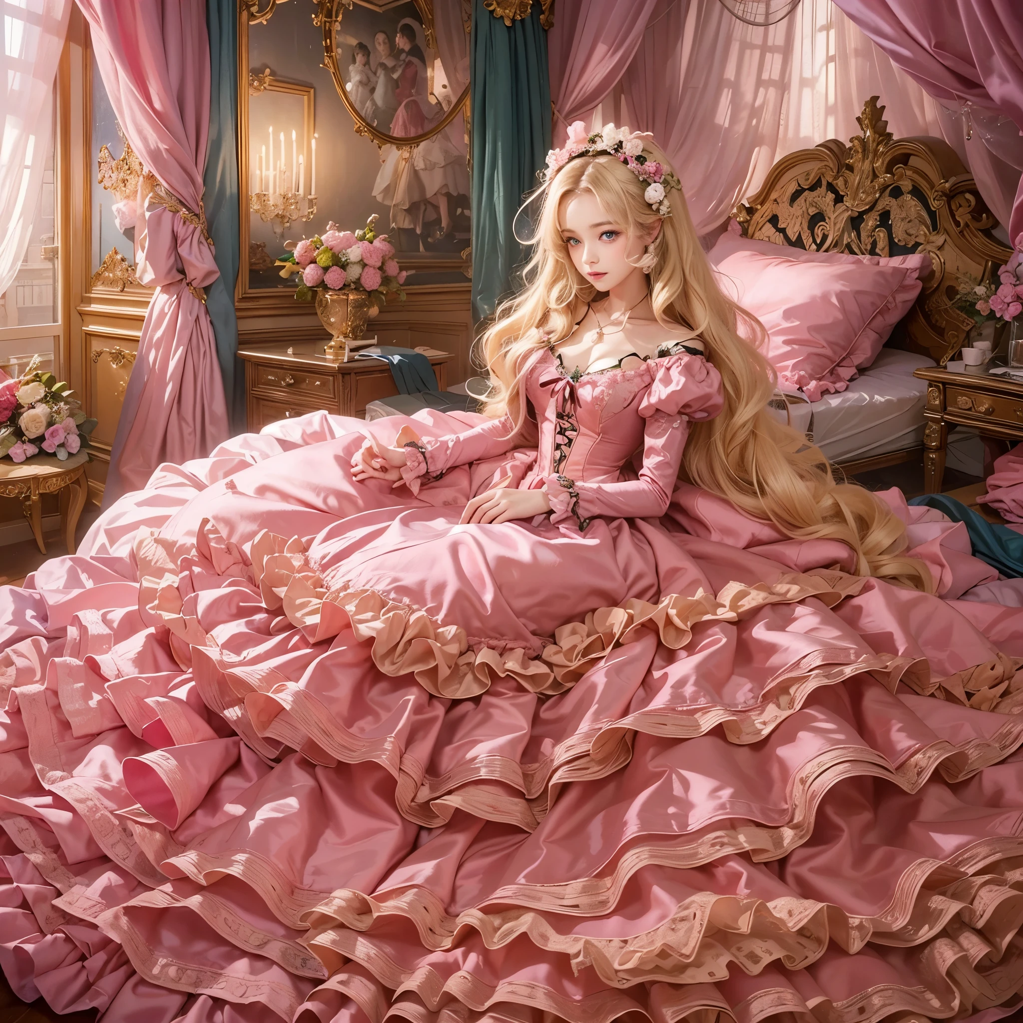 highest quality, masterpiece, highest resolution, artwork, super それにget used to it, many get used to it, get used to it, それにget used to it, romantic,woman, (()),the girl is a princess,((dark pink satin fabric)),pink victorian dress, ((Gorgeous princess rococo ball gown dress with voluminous full-length hoop skirt)),long sleeve,long dress,A dress with lots of frills and ribbons...,luxury,((Palace bedroom)),((huge victorian canopy bed)),Huge luxury canopy over the bed, (Huge ruffled silk pink curtains),(Frilled silk pink bedspread),Fluffy pillows with lots of frills on the bed,the girl is sitting on the bed,long blonde hair,blue eyes,