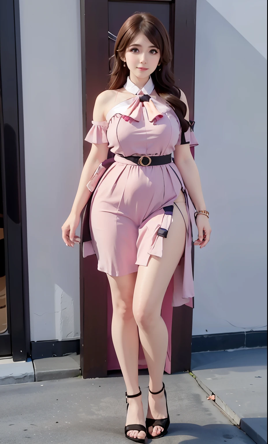 a woman in a pink dress and a pink hijab poses for a picture, thicc, amouranth, better known as amouranth, full body picture, full body in view, mia khalifa, young beautiful amouranth, some pink, curvy hourglass figure, fully dressed, thick body, curvy and bow, sexy outfit, full body!