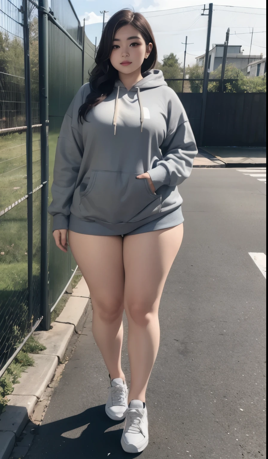 araffe woman in a gray hoodie and white sneakers leaning against a fence, curvy model, thicc, full body in view, she is wearing streetwear, casual pose, large thighs, full length view, thick thighs, taken with canon 8 0 d, full body length shot, outfit photo, outfit photograph, full body shot close up, full body picture